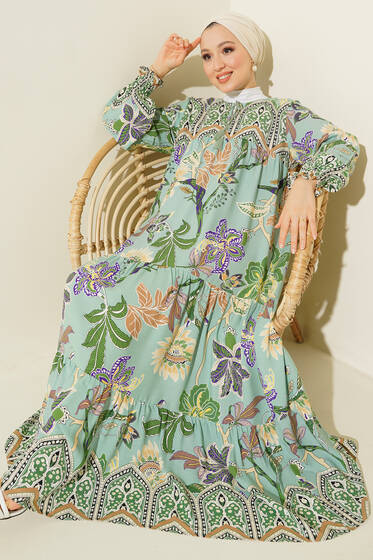 Bilekleri Gipeli Yakası İp Bağlamalı Elbise Mint - Tesettür Elbise