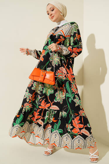 Bilekleri Gipeli Yakası İp Bağlamalı Elbise Siyah - Tesettür Elbise