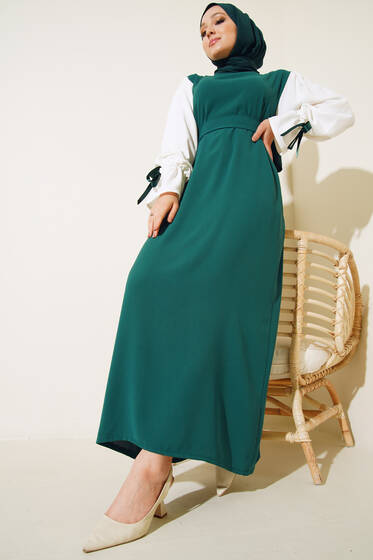Bilekleri Kurdele Bağlı Elbise Zümrüt - Tesettür Elbise