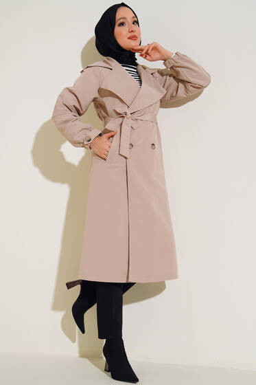 Bilekleri Lastikli Cepli Trençkot Bej - Trençkot