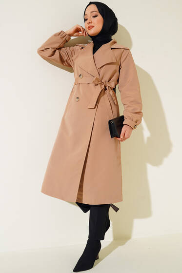 Bilekleri Lastikli Cepli Trençkot Camel - Trençkot