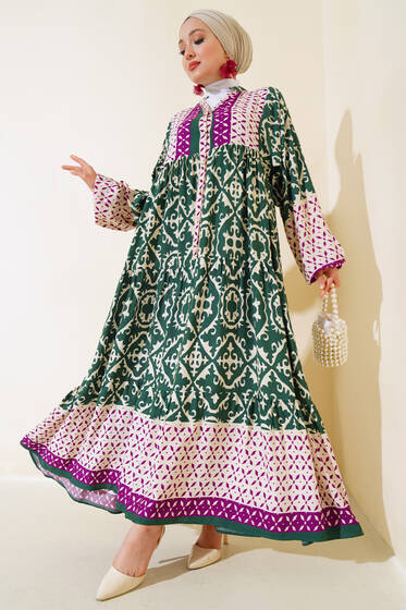 Bilekleri Lastikli Desenli Elbise Haki Lila - Elbise