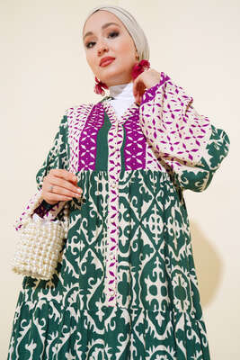 Bilekleri Lastikli Desenli Elbise Haki Lila - Tesettür Elbise