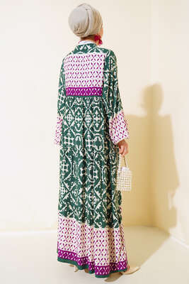 Bilekleri Lastikli Desenli Elbise Haki Lila - Tesettür Elbise
