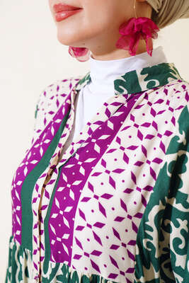 Bilekleri Lastikli Desenli Elbise Haki Lila - Tesettür Elbise