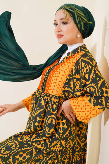 Bilekleri Lastikli Desenli Elbise Hardal Haki - Elbise