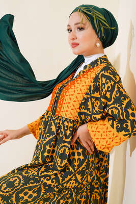 Bilekleri Lastikli Desenli Elbise Hardal Haki 