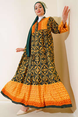 Bilekleri Lastikli Desenli Elbise Hardal Haki - Tesettür Elbise