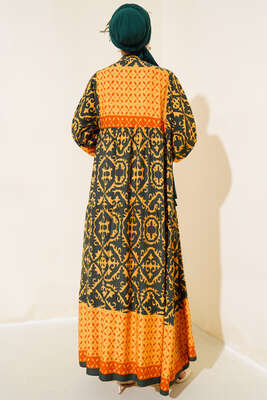 Bilekleri Lastikli Desenli Elbise Hardal Haki - Tesettür Elbise