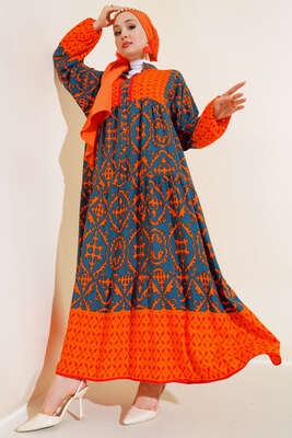 Bilekleri Lastikli Desenli Elbise Oranj Füme 