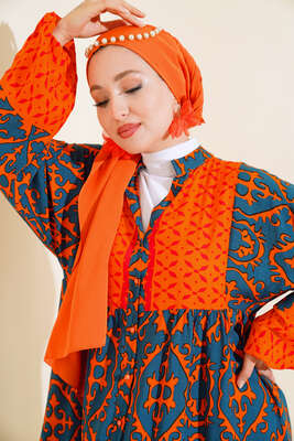 Bilekleri Lastikli Desenli Elbise Oranj Füme - Tesettür Elbise