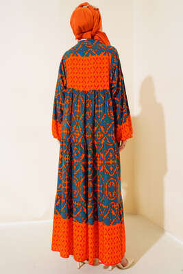 Bilekleri Lastikli Desenli Elbise Oranj Füme - Tesettür Elbise