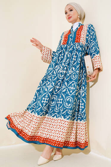 Bilekleri Lastikli Desenli Elbise Petrol Kiremit - Elbise