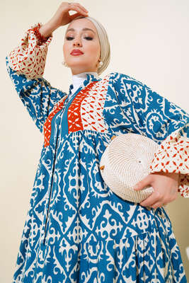 Bilekleri Lastikli Desenli Elbise Petrol Kiremit - Tesettür Elbise