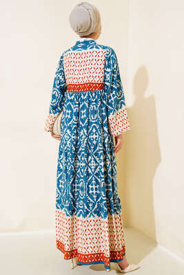 Bilekleri Lastikli Desenli Elbise Petrol Kiremit - Tesettür Elbise