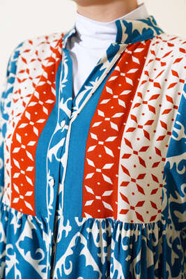 Bilekleri Lastikli Desenli Elbise Petrol Kiremit - Tesettür Elbise