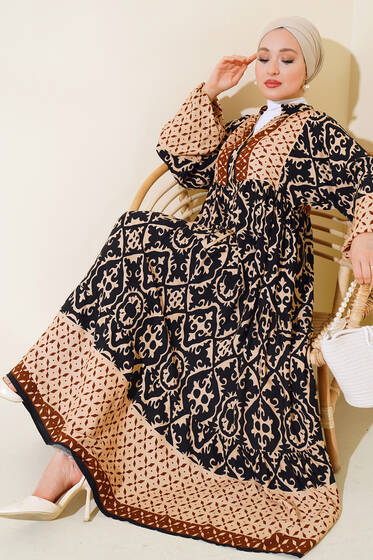 Bilekleri Lastikli Desenli Elbise Siyah Kahve - Elbise