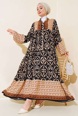 Bilekleri Lastikli Desenli Elbise Siyah Kahve - Tesettür Elbise