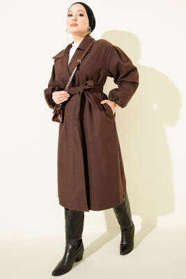 Bilekleri Lastikli Kaşe Kaban Kahve - Kaban