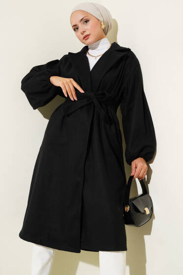 Bilekleri Lastikli Kaşe Kaban Siyah - Kaban