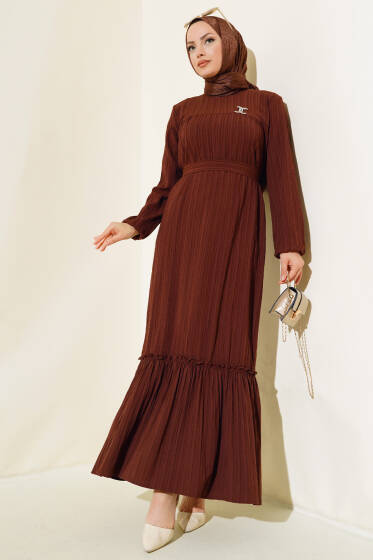 Bilekleri Lastikli Kuşaklı Elbise Kahve - Elbise