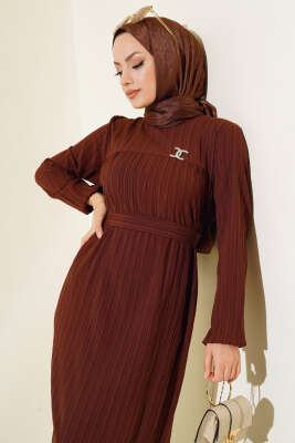 Bilekleri Lastikli Kuşaklı Elbise Kahve - Tesettür Elbise