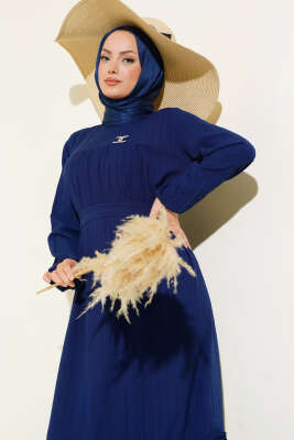 Bilekleri Lastikli Kuşaklı Elbise Lacivert - Tesettür Elbise