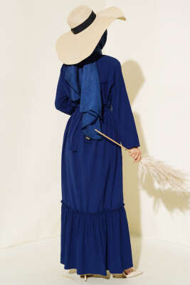 Bilekleri Lastikli Kuşaklı Elbise Lacivert - Tesettür Elbise