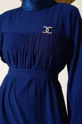 Bilekleri Lastikli Kuşaklı Elbise Lacivert - Tesettür Elbise