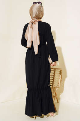 Bilekleri Lastikli Kuşaklı Elbise Siyah - Tesettür Elbise