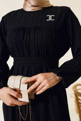 Bilekleri Lastikli Kuşaklı Elbise Siyah - Tesettür Elbise