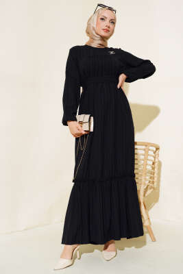 Bilekleri Lastikli Kuşaklı Elbise Siyah - Tesettür Elbise