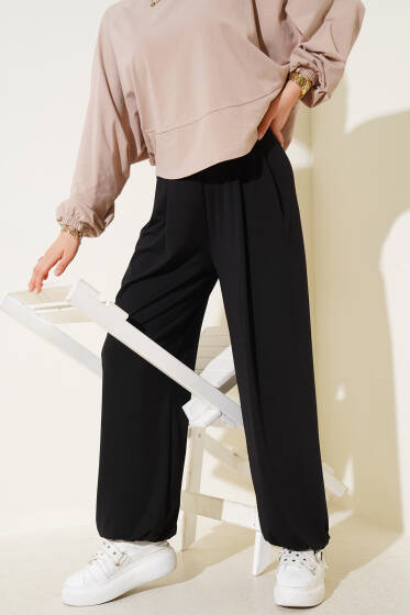 Bilekleri Lastikli Sandy Pantolon Siyah - Pantolon