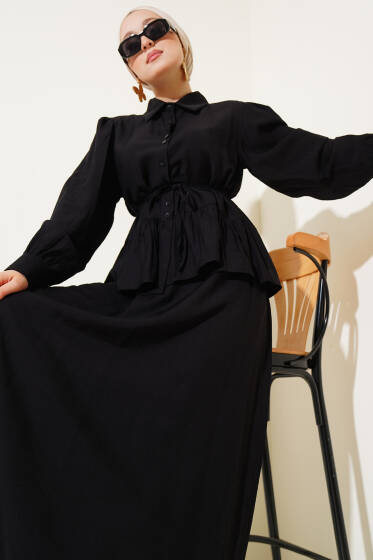 Bilekleri Manşetli Fırfırlı Etekli İkili Takım Siyah - İkili Takım