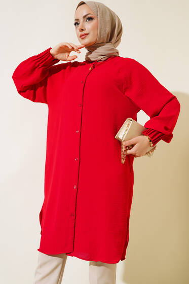 Bilekleri Nervürlü Tunik Bordo - Tunik