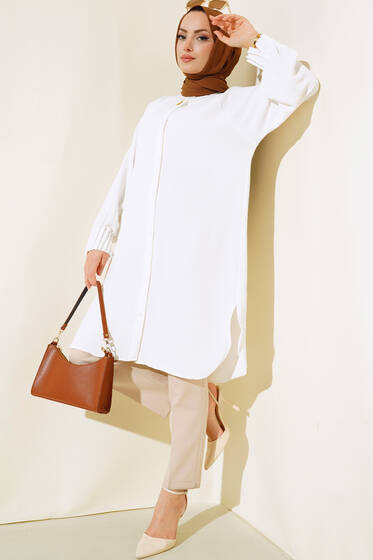 Bilekleri Nervürlü Tunik Ekru - Tunik