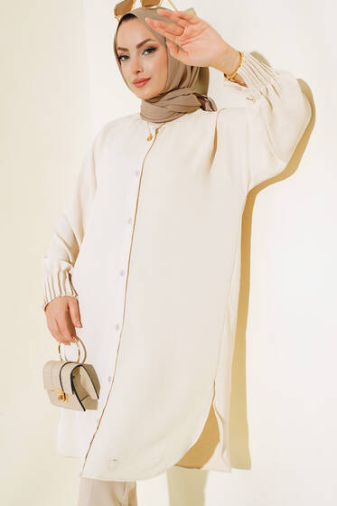 Bilekleri Nervürlü Tunik Krem - Tunik