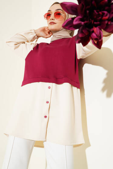 Bilekleri Tünelli Garnili Tunik Bordo - Tunik