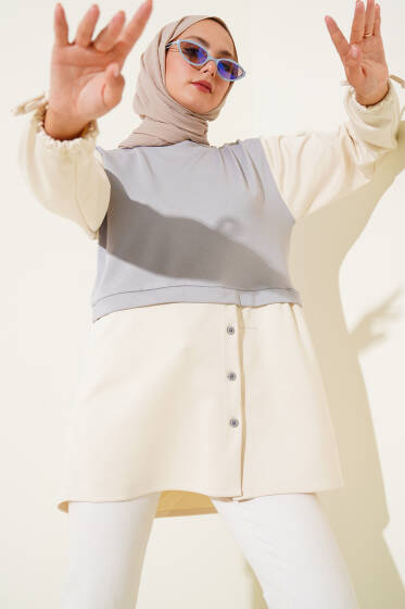 Bilekleri Tünelli Garnili Tunik Gri - Tunik