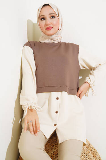 Bilekleri Tünelli Garnili Tunik Kahve - Tunik