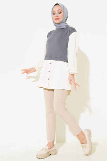 Bilekleri Tünelli Garnili Tunik Kayrak Grisi - Tunik