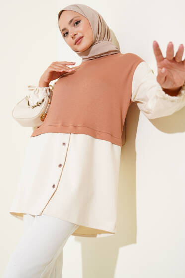 Bilekleri Tünelli Garnili Tunik Kestane - Tunik