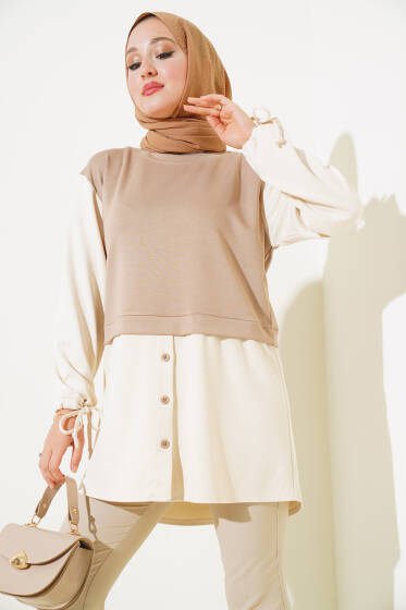Bilekleri Tünelli Garnili Tunik Latte - Tunik