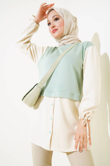 Bilekleri Tünelli Garnili Tunik Mint - Tunik