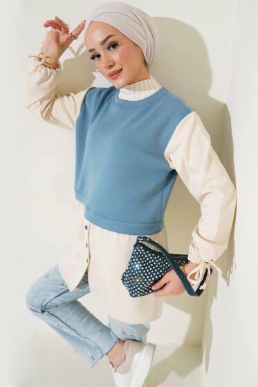 Bilekleri Tünelli Garnili Tunik Petrol - Tunik