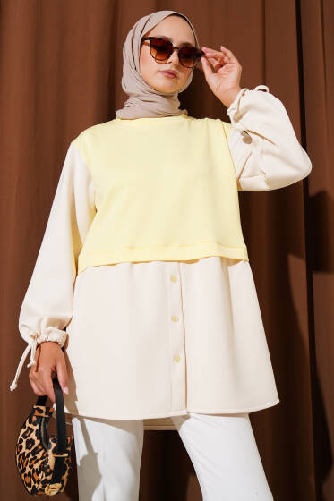 Bilekleri Tünelli Garnili Tunik Sarı - Tunik