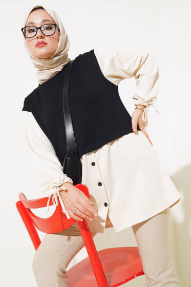 Bilekleri Tünelli Garnili Tunik Siyah - Tunik