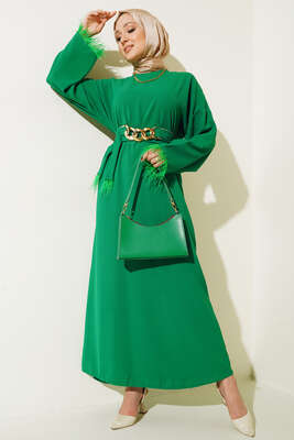 Bilekleri Tüylü Kuşaklı Elbise Benetton - Thumbnail