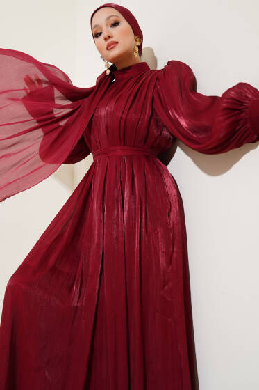 Bilekten Fırfırlı Şal Hediyeli Elbise Bordo - Elbise