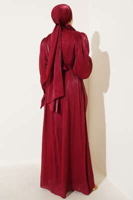 Bilekten Fırfırlı Şal Hediyeli Elbise Bordo - Tesettür Elbise